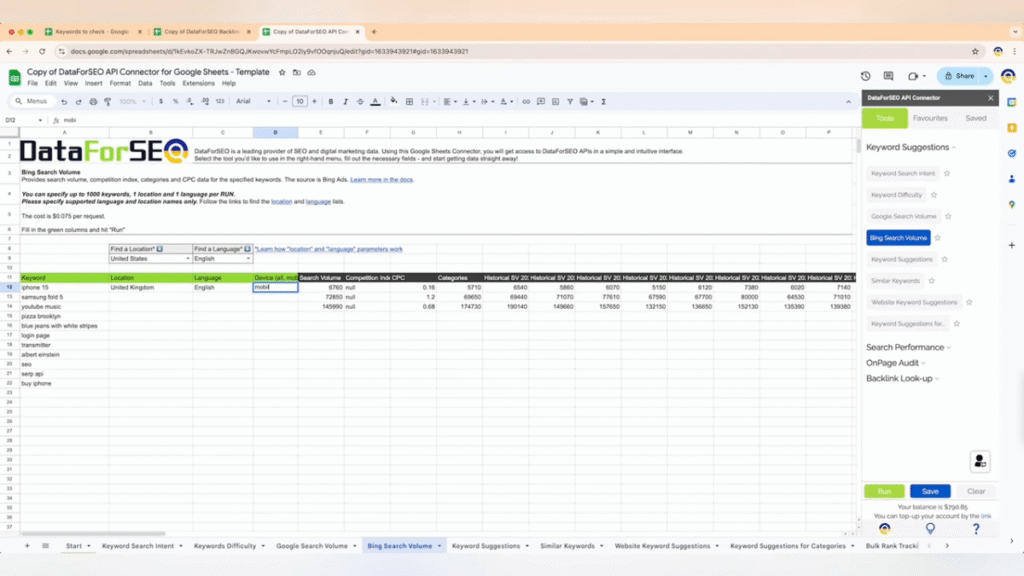 DataForSEO google sheets connector screen example